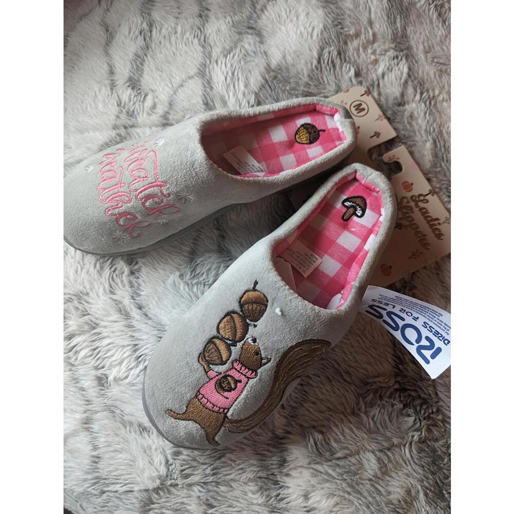 Grey squirrel embroidery Sweater Weather warm winter slippers